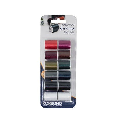 KORBOND 12 Colours DARK MIX Thread Selection 12 x 32m 100% Spun Polyester 110783