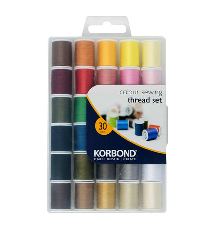 KORBOND 30 Pieces Colour Sewing Thread Set with Case 100% Spun Polyester 110780