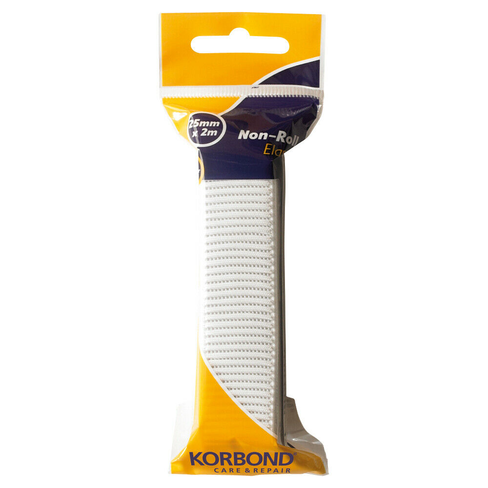 KORBOND 25mm x 2m WHITE Ribbed Non-Roll Elastic Polyester Strong Durable 110377