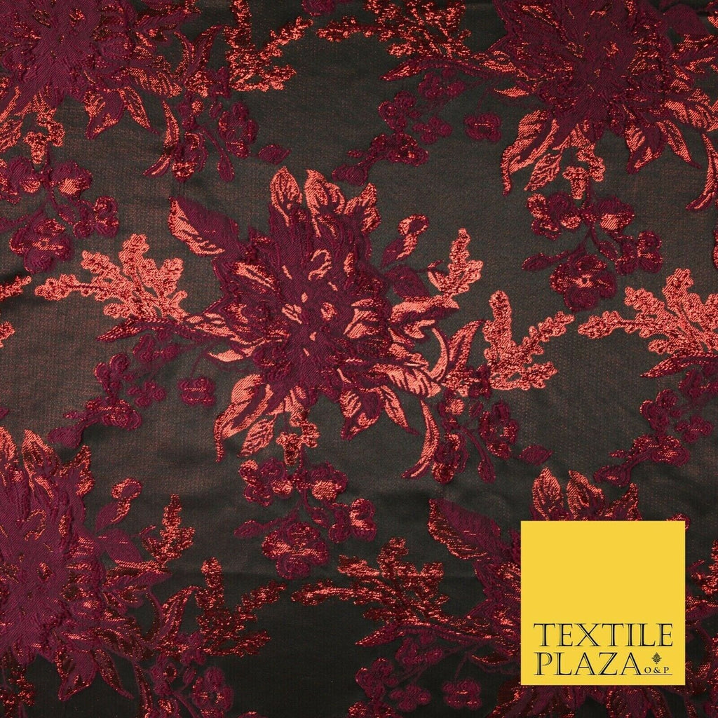Black Magenta Red Floral Textured Metallic Fancy Brocade Jacquard Fabric 6763