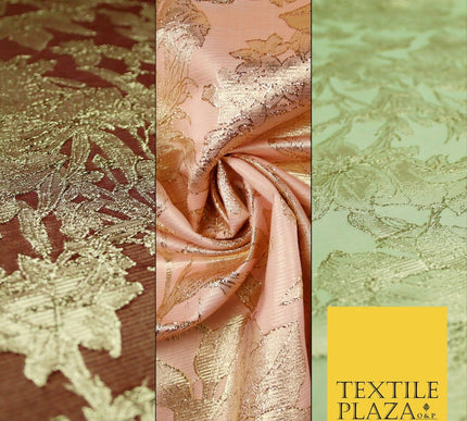 Green Brown Peach Luxury Textured Gold Floral Rose Brocade Dress Fabric Metallic