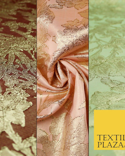 Green Brown Peach Luxury Textured Gold Floral Rose Brocade Dress Fabric Metallic