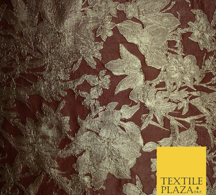 Green Brown Peach Luxury Textured Gold Floral Rose Brocade Dress Fabric Metallic