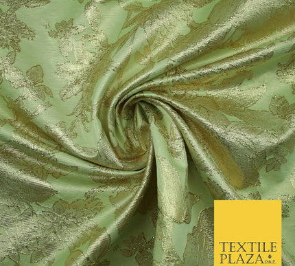 Green Brown Peach Luxury Textured Gold Floral Rose Brocade Dress Fabric Metallic
