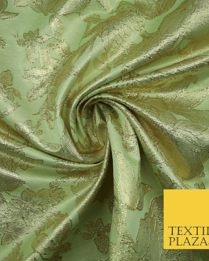 Green Brown Peach Luxury Textured Gold Floral Rose Brocade Dress Fabric Metallic