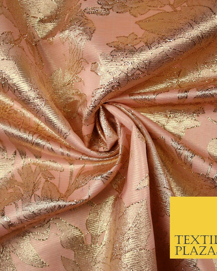 Green Brown Peach Luxury Textured Gold Floral Rose Brocade Dress Fabric Metallic