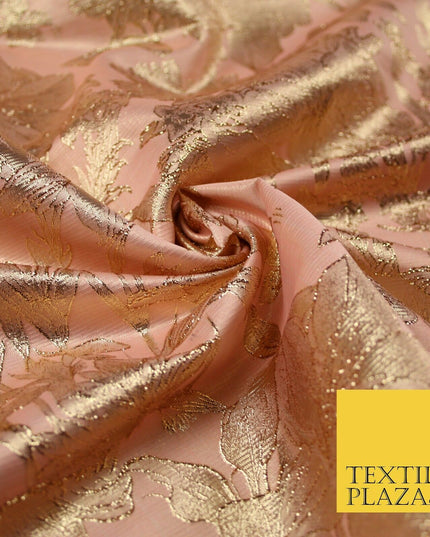 Green Brown Peach Luxury Textured Gold Floral Rose Brocade Dress Fabric Metallic