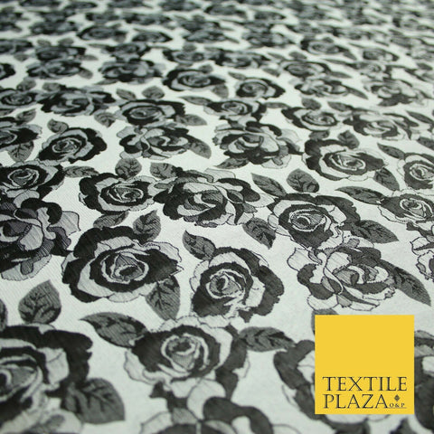 Monotone Grey Black Vintage Floral Roses Brocade Jacquard Dress Fabric 6858