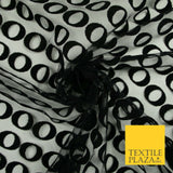 Black Hoops Rings Circles Flocked Mesh Net Dress Fabric Material 58" Wide 7075