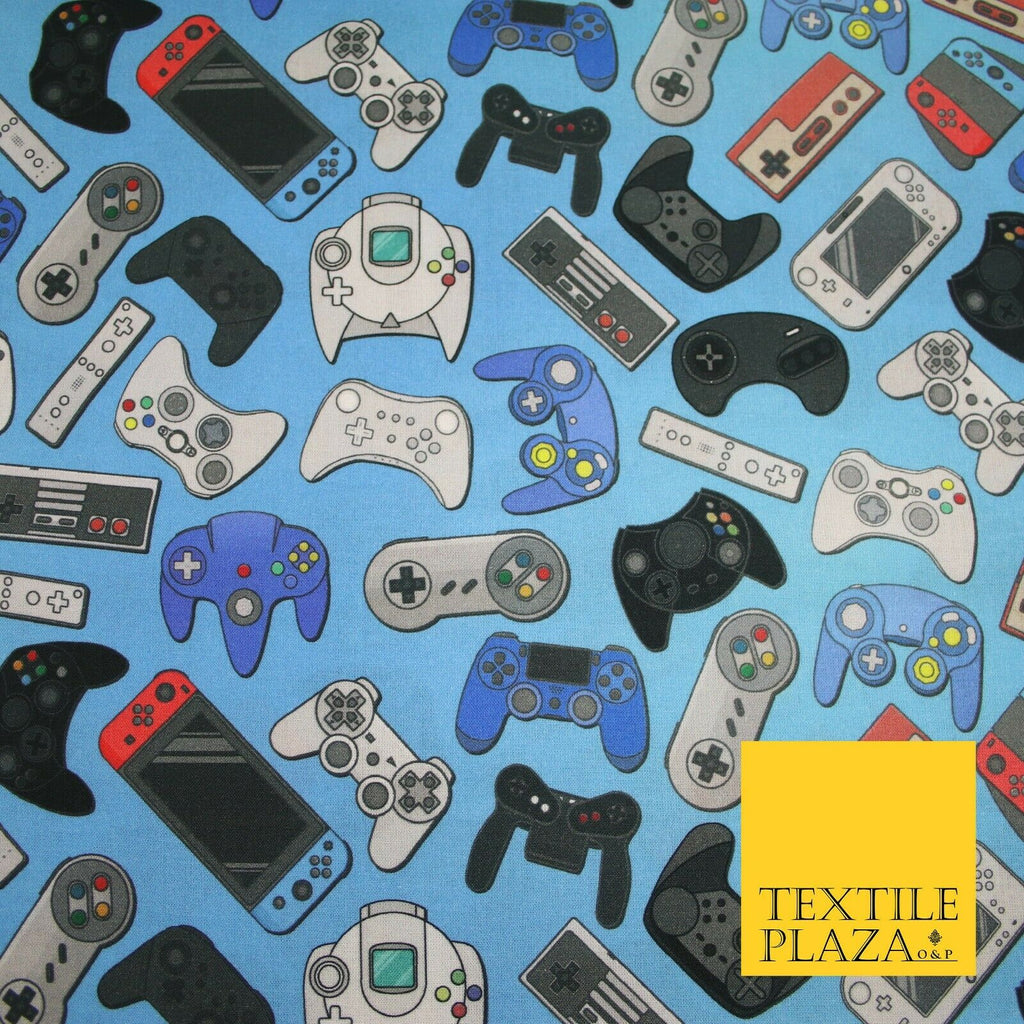 Blue Video Game Controllers Gaming Digital Print 100% Cotton Fabric 59" 7079