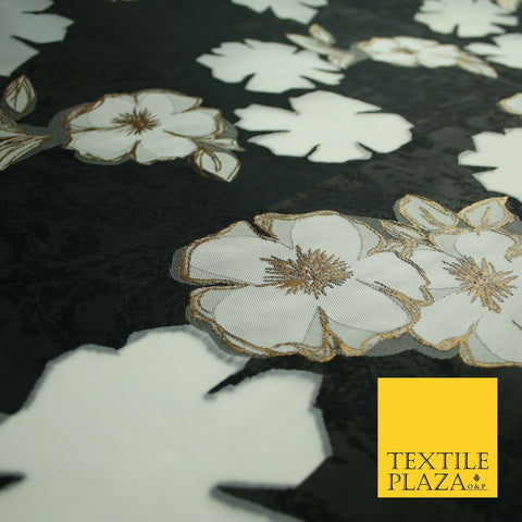 Black Falling Floral Pansy Metallic Gold Brocade Textured Organza Fabric 7174