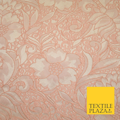 Peach Ornate Mix Floral Swirls Corded Textured Brocade Jacquard Fabric 7168