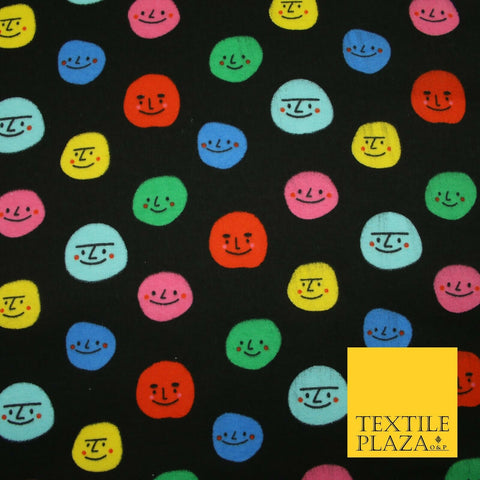Black Colourful Smiley Faces Brushed Polycotton Winceyette Printed Fabric 7183