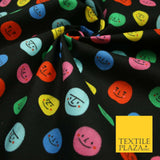 Black Colourful Smiley Faces Brushed Polycotton Winceyette Printed Fabric 7183