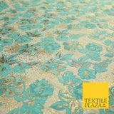 Cream Aqua Blue Floral Metallic Gold Speckle Spray Textured Brocade Fabric 7165