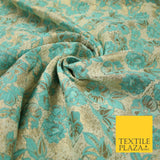 Cream Aqua Blue Floral Metallic Gold Speckle Spray Textured Brocade Fabric 7165