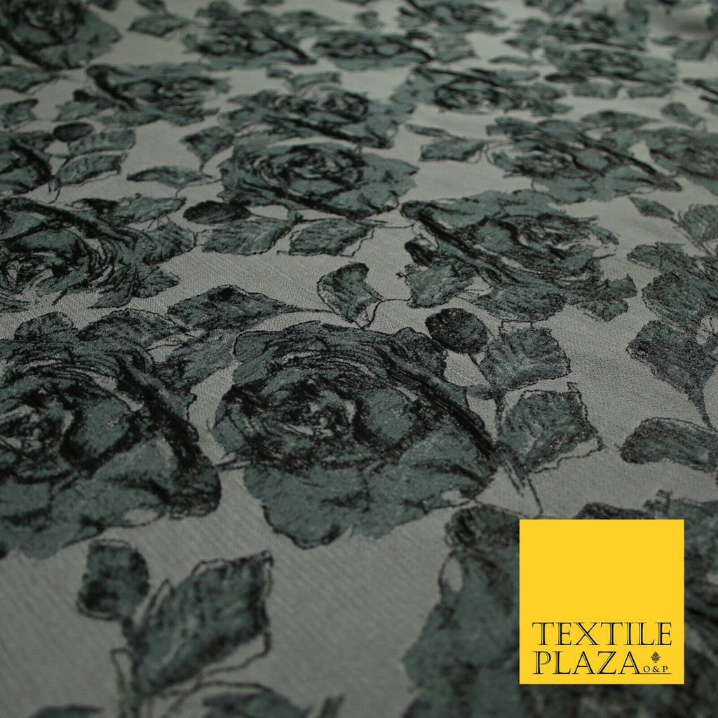 Grey Black Large Falling Carnations Floral Metallic Textured Brocade Fabric 7156