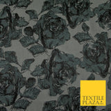 Grey Black Large Falling Carnations Floral Metallic Textured Brocade Fabric 7156