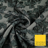 Grey Black Large Falling Carnations Floral Metallic Textured Brocade Fabric 7156