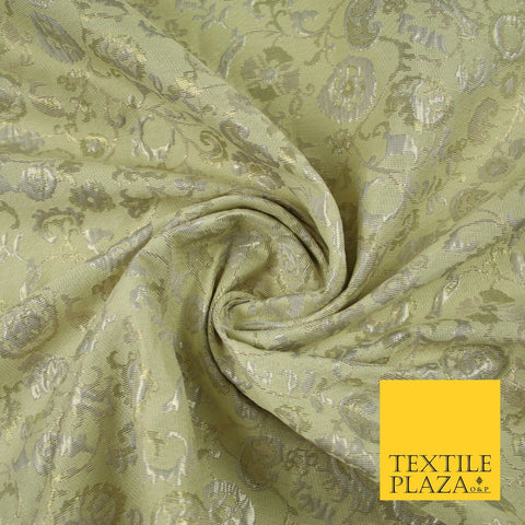 Pale Green Ornate Intense Vine Floral Metallic Textured Brocade Fabric 7144