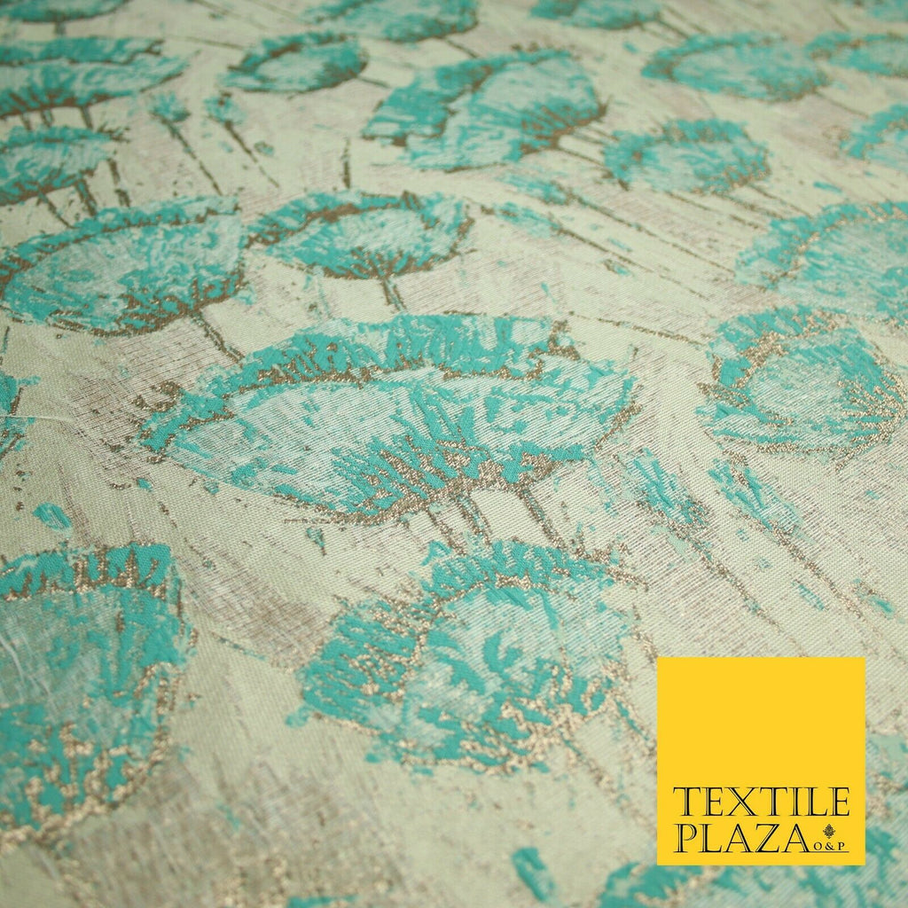 Aqua Champagne Gold Blooming Pansy Floral Metallic Textured Brocade Fabric 7123