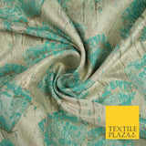 Aqua Champagne Gold Blooming Pansy Floral Metallic Textured Brocade Fabric 7123