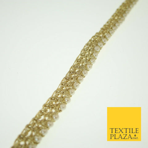 Gold Knotted Weave White Pearl Beaded Trim Border Ribbon Lace 1.5cm Wide X566