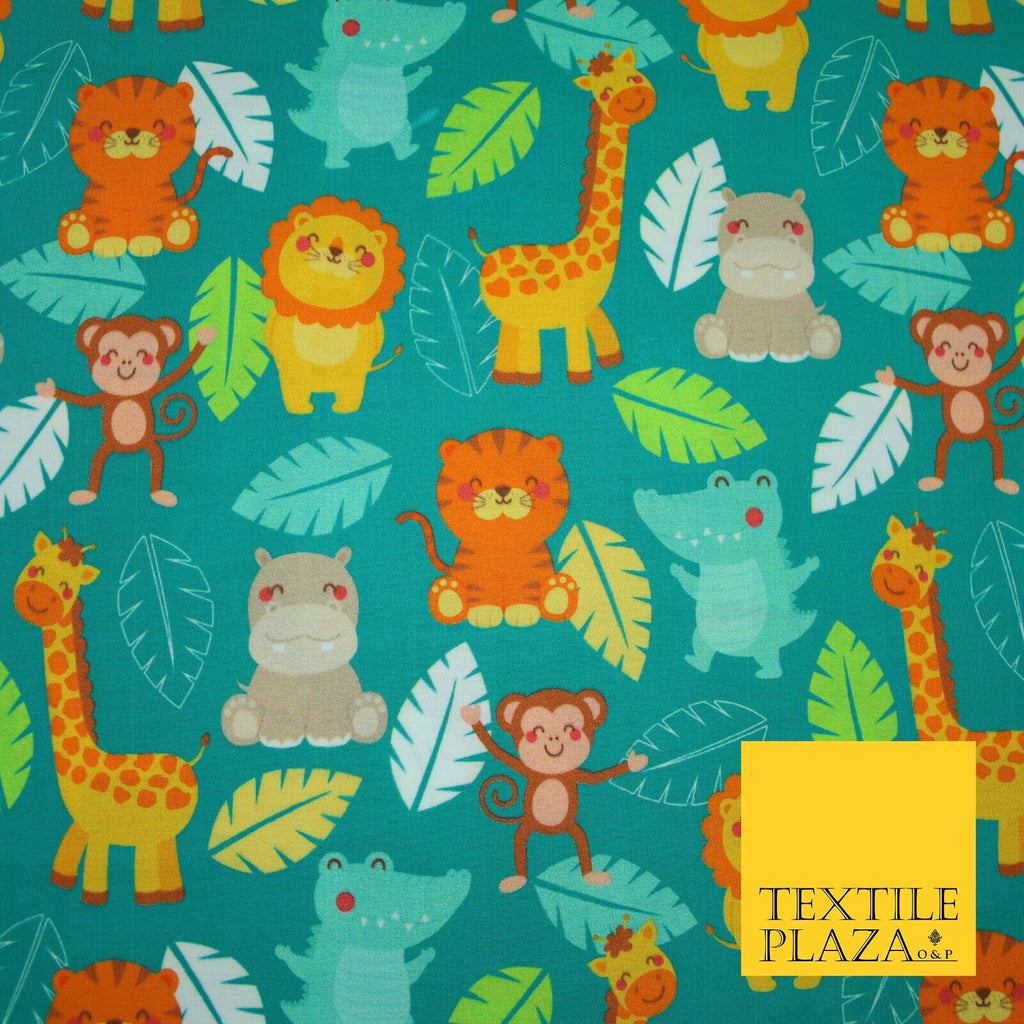 Jade Green Zoo Animals Leafy Giraffe Hippopotamus Monkey 100% Cotton Fabric 7361