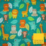 Jade Green Zoo Animals Leafy Giraffe Hippopotamus Monkey 100% Cotton Fabric 7361