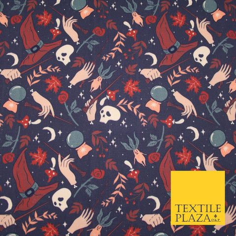 Navy Blue Magical Wizard Witch Spell Skull Halloween 100% Cotton Fabric 7347