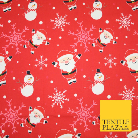 Red Festive Christmas Happy Santa Snowman Snowflakes 100% Cotton Fabric 7355