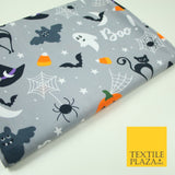 Grey Halloween BOO! Scary Pumpkin Ghost Web Bats Printed 100% Cotton Fabric 7354