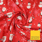 Red Festive Christmas Happy Santa Snowman Snowflakes 100% Cotton Fabric 7355