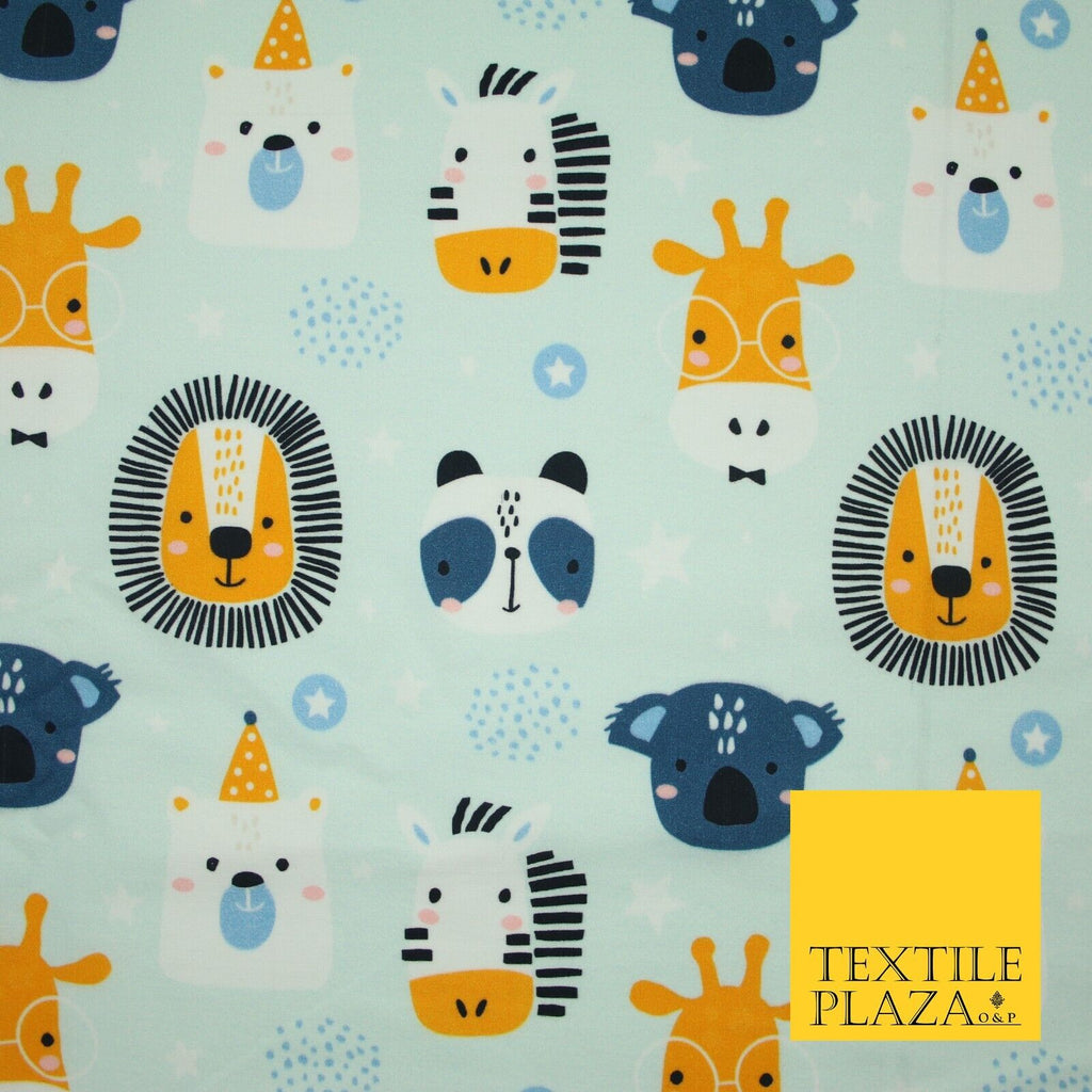 Light Blue Cartoon Party Animal Lion Panda Giraffe Koala 100% Cotton Fabric 7345