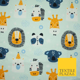 Light Blue Cartoon Party Animal Lion Panda Giraffe Koala 100% Cotton Fabric 7345