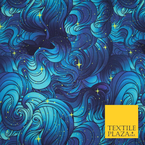 Deep Blue Swirl Starry Night Sky Abstract Printed 100% Cotton Fabric 7343