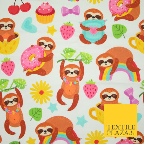 Playful Summer Cheeky Sloth Tea Party Rainbow Printed 100% Cotton Fabric 7341