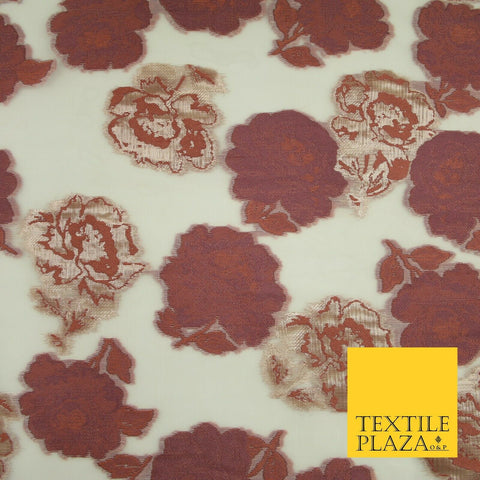 Dusty Rose Pink Gold Metallic Rose Carnation Floral Textured Organza Fabric 7176
