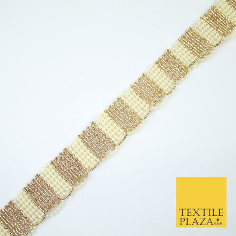 Gold / Ivory Pearl Beaded Striped Swag Ribbon Trim Border Lace - 3cm Wide - X525
