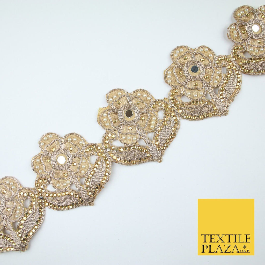 Luxury Gold Mirror Pearl Diamonte Stone Floral Motif Border Lace - 9cm Wide X679