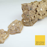 Luxury Gold Mirror Pearl Diamonte Stone Floral Motif Border Lace - 9cm Wide X679
