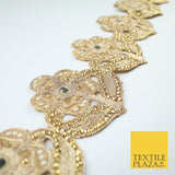 Luxury Gold Mirror Pearl Diamonte Stone Floral Motif Border Lace - 9cm Wide X679