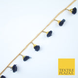 NAVY BLUE Pom Pom Tassels Woven Gold Trim Ribbon Border Lace Ethnic X252
