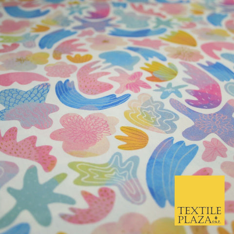 Colourful Watercolour Artsy Sea Shells Digital Print 100% Cotton Fabric 8219