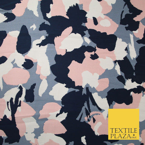 Navy Blue Pink Denim Abstract Artsy Floral Soft Brocade Jacquard Fabric 8201