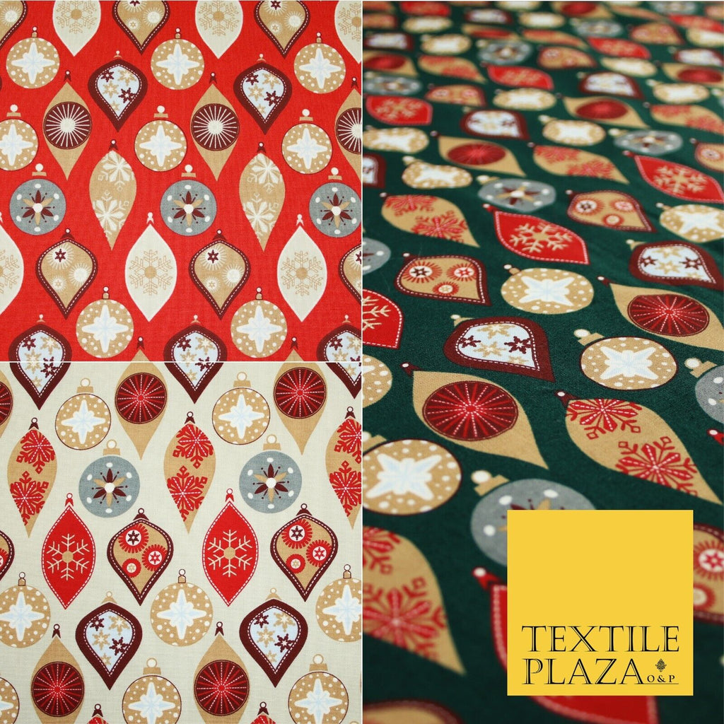 3 COLOURS - Festive Christmas Baubles Decorative Xmas Printed 100% Cotton Fabric