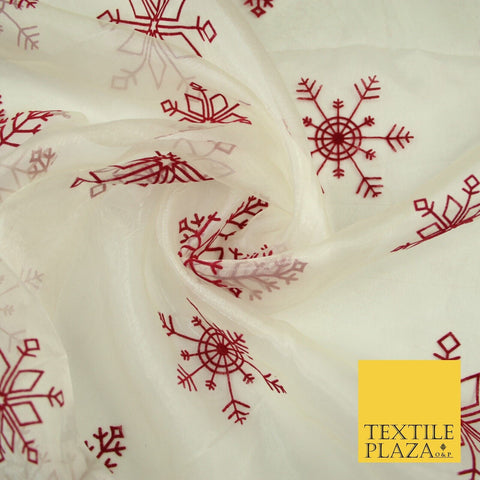 Ivory Maroon Large Flocked Snowflakes Organza Festive Christmas Fabric 58" 8234