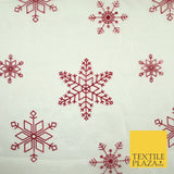 Ivory Maroon Large Flocked Snowflakes Organza Festive Christmas Fabric 58" 8234