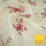 Ivory Maroon Large Flocked Snowflakes Organza Festive Christmas Fabric 58" 8234