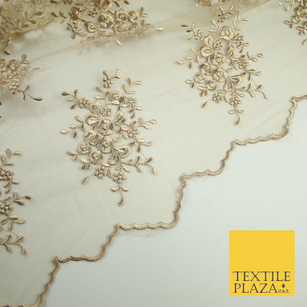 Beige Gold Floral Cluster Scalloped Edge Embroidered Net Lace Dress Fabric 8235
